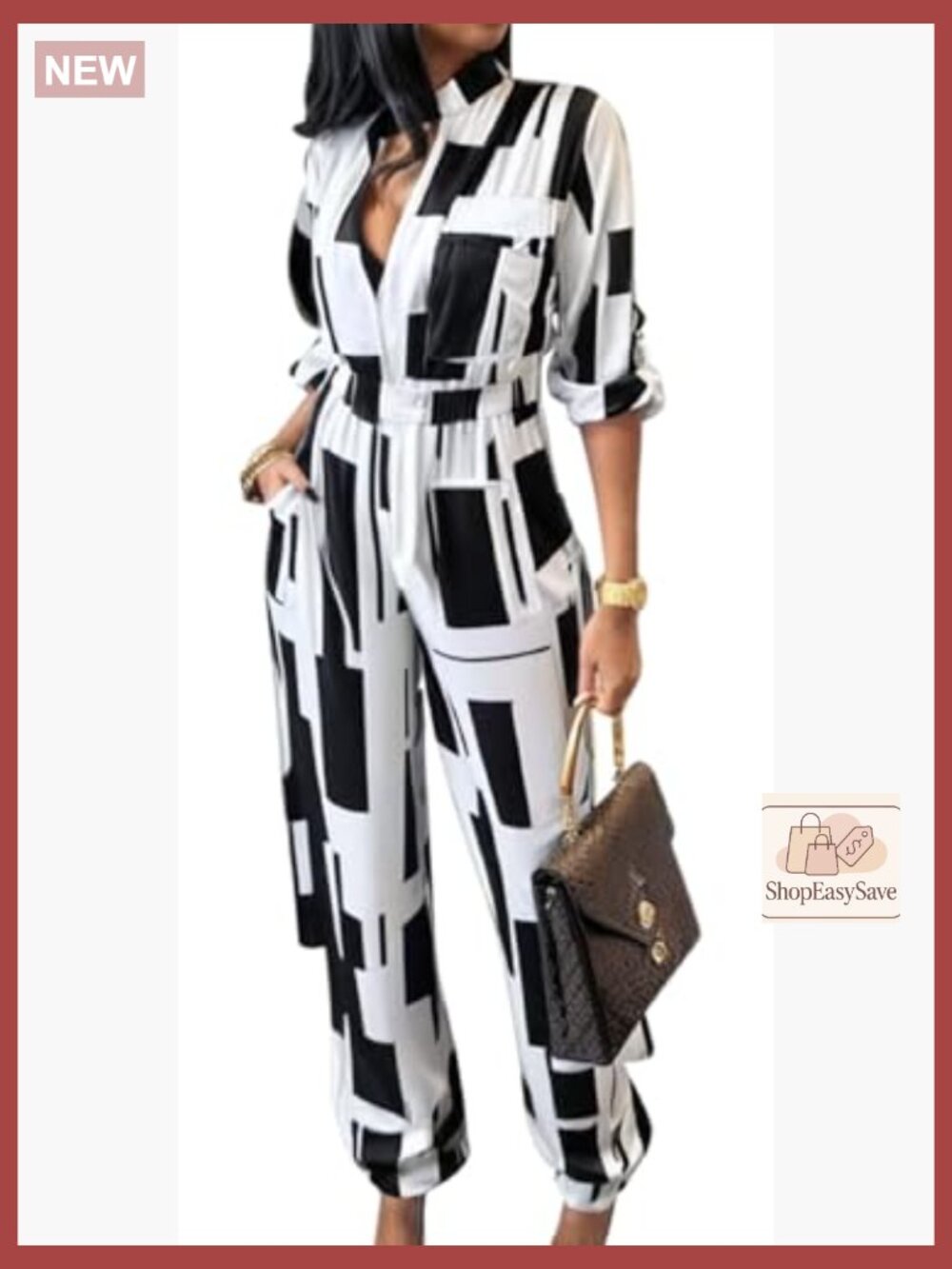 Women V-Neck Long Sleeve Jumpsuit Casual Stretchy Party Romper with Pockets - Picture 2 of 5